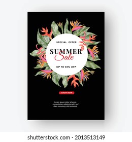 Summer banner tropical background with strelitzia flowers and tropical leaves 