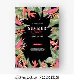Summer banner tropical background with strelitzia flowers and tropical leaves 