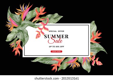 Summer banner tropical background with strelitzia flowers and tropical leaves 