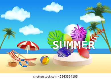Summer banner. Tropical beach, beach chair, stage, umbrella, palm leaves, sky, cloud
