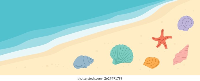 summer banner tropical beach and colorful sea shells; perfect for vacation-themed graphics, travel promotions, or seasonal marketing materials- vector illustration