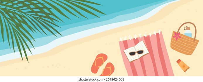 summer banner with tropical beach and towel, book, sunglasses, flip flops, water bottle and SPF cream; perfect for vacation-themed graphics, travel promotions, or seasonal marketing materials