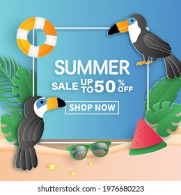 Summer banner with tropical bird and summer elements
