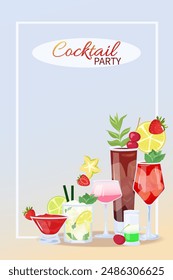 Summer banner with tropical cocktails with cut fruits and ice cube. Beach Holidays, summer sale, party, cafe-bar concept. Vector Illustration alcoholic drinks mix. Poster, advertising, flyer, sale.