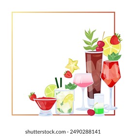 Summer banner with tropical cocktails with cut fruits and ice cube. Beach Holidays, summer sale, party, cafe-bar concept. Vector Illustration alcoholic drinks mix. Poster, advertising, flyer, sale.