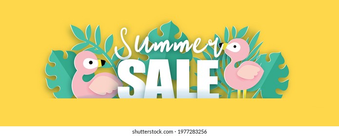 Summer banner with tropical flamingo and summer elements