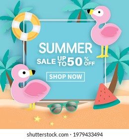 Summer banner with tropical flamingo and summer elements.