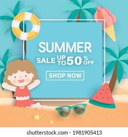 Banner de verano con elementos de flamencos tropicales y de verano.