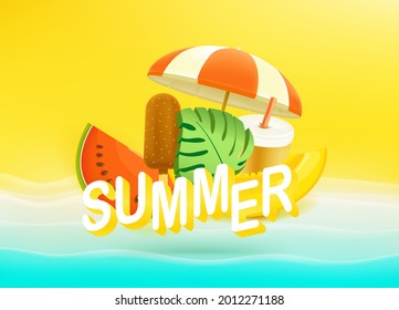 Summer banner with tropical fruits and beach stuff