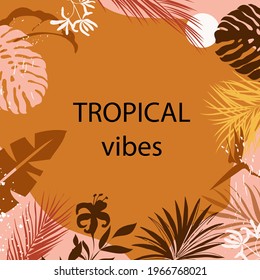 Summer banner with tropical jungle leaves. Abstract Modern exotic jungle plants, illustration. Template card for social media, wallpapers, postcard