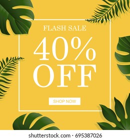 Summer Banner With Tropical Leaf, With Gradient Mesh, Vector Illustration