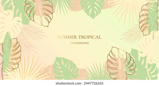 Summer banner with tropical leaves. Tropical background. Vector illustration in pastel colors with gold