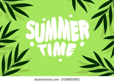 Summer banner with tropical leaves and lettering summer time on light green background.Vector illustration in flat style. Jungle frame.