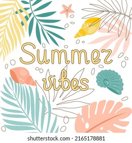 Summer banner with tropical leaves. Letting. Flat style. Vector illustration 