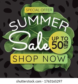 summer banner, tropical leaves. Suitable for social media posts, mobile applications, banner designs, and web / internet advertising.