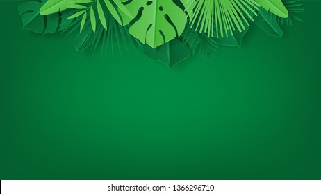 Summer banner with tropical leaves. Vector illustration with tropical leaves in paper cut style on green background.