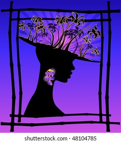summer banner with tropical palms and African girl