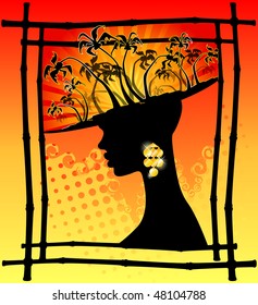 summer banner with tropical palms and African girl