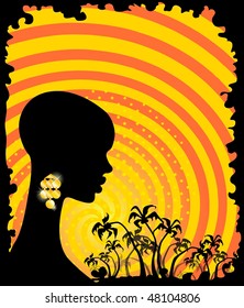 summer banner with tropical palms and African girl
