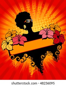 summer banner with tropical palms and African girl