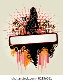 Summer banner with tropical palms and girl. Vector
