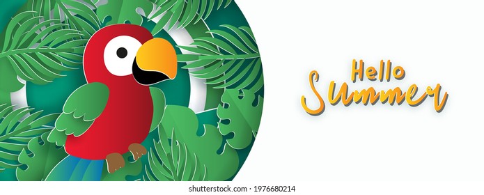 Summer banner with tropical parrots and summer elements