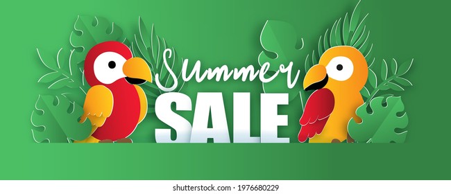 Summer banner with tropical parrots summer elements
