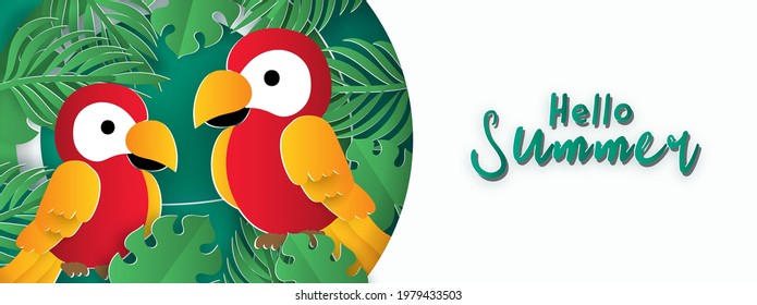 Summer banner with tropical parrots and summer elements