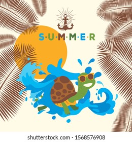 Summer banner with turtle cartoon character, vector illustration. Store advertisement poster, shop catalog cover. Travel agency flyer template, decorated with palm leaves. Summer vacation tickets sale