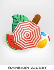 Summer banner with umbrella and beach stuff
