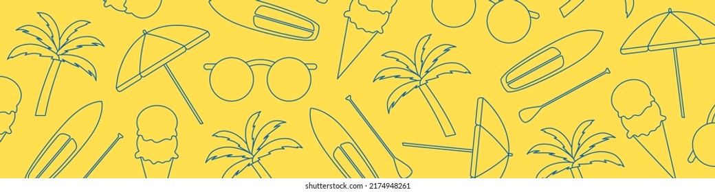 summer banner with vacation related icons: palm tree, sunglasses, SUP board and ice cream - vector illustration