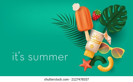 Summer banner with various vector elements in realistic 3D style