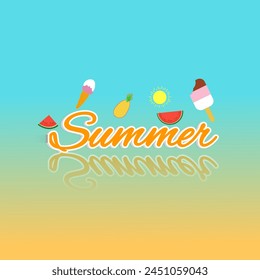 Diseño de Vector de Anuncio de verano de texto de verano 3D en isla de playa con artículos de comida tropical de verano, Elementos con fondo azul. Ilustración vectorial.