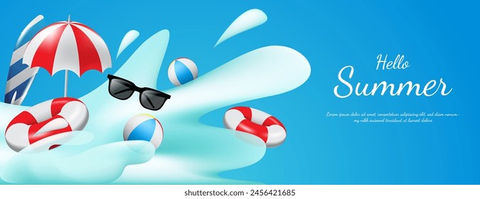 summer banner vector design with 3d beach ornament