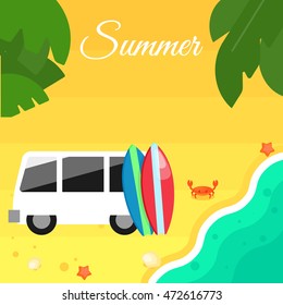 Summer banner vector illustration. Colorful surfboards stand near white mini van. Sand beach with sea crab, palm leaves and starfish. Summer background. Natural landscape. Concept of holiday at sea.