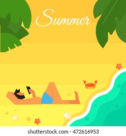 Summer banner vector illustration. Man in blue swimming trunks using smartphone on beach. Sand beach with sea crab, palm leaves and starfish. Summer background. Natural landscape. Outdoor leisure