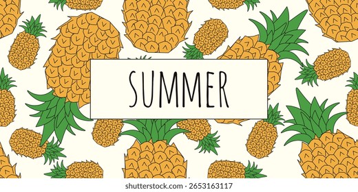 Summer banner. Vector illustration of pineapple seamless pattern with Summer Frame. Perfect web banner textile fabric wallpaper decor print. Fruit background template design. EPS 10 - Powered by Shutterstock - Get 15% off with code: PIKWIZARD15