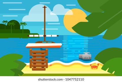 Summer banner vector illustration. Sailing yacht with lowered sails. Summer beach with sun lounger, sea crab, palm trees and sunset. Tropical scenery. Natural seascape. Flat design banner