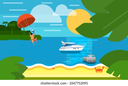 Summer banner vector illustration. Seascape with powerboat and kiting man with parachute. Summer beach with sea crab, palm trees and sunset. Tropical scenery. Natural landscape. Outdoor leisure