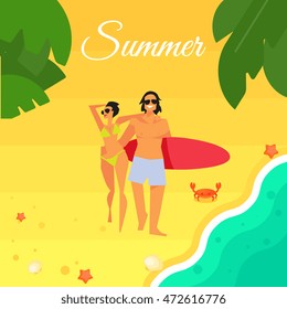 Summer banner vector illustration. Young happy couple with red surfboard walking on beach. Sand beach with sea crab, palm leaves and starfish. Summer background. Natural landscape. Summer fun