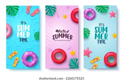 Juego de vectores de banner de verano. Hola texto de saludo de vacaciones de verano con fondo de elementos de playa. Diseño de banner de verano de ilustración vectorial.
