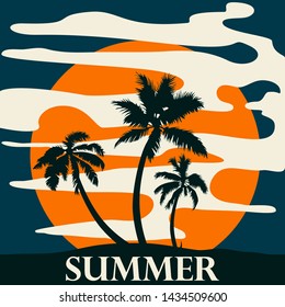 summer banner , vector, sun, palm clouds ,vintage style