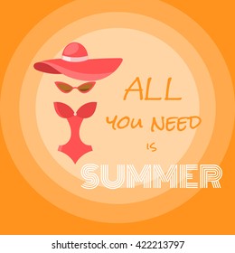 Summer banner vector. Vacation concept. Hat, woman swimsuit and sunglasses illustration in flat style. Summertime poster, background or card for your design.