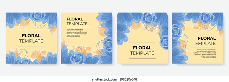 Summer banner watercolor greeting card collection for social media post or story templates. Modern cover design fashion flier, floral annual report with blue geometric element