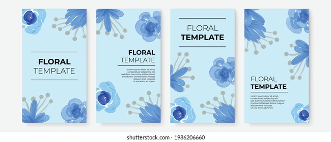 Summer banner watercolor greeting card collection for social media post or story templates. Modern cover design fashion flier, floral annual report with blue geometric element
