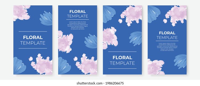 Summer banner watercolor greeting card collection for social media post or story templates. Modern cover design fashion flier, floral annual report with blue geometric element
