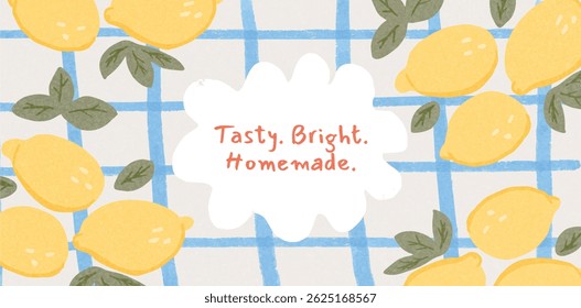 Summer banner with watercolor lemons and green leaves on checkered background. Handwritten food slogan in center. Trendy retro style for homemade product promotion, ads, social media, flyer.