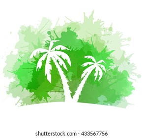 Summer banner with watercolor splashes and palm trees. Vector element for your design