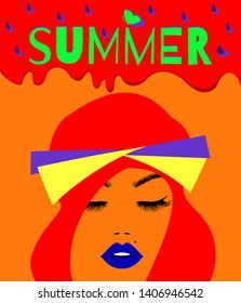 Summer banner with watermelon juice background, beautiful woman in fashion scarf on the head, red hair, print wallpaper. Vector illustration.