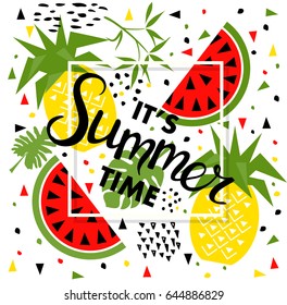 Summer banner with watermelon and pineapple, place for text. Trendy seasonal vector background, brochure template.